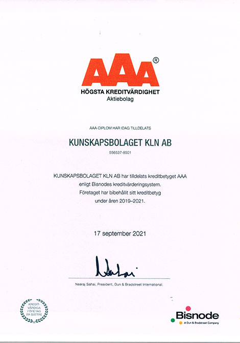 Bisnode AAA-certifikat - Högsta kreditvärdighet
