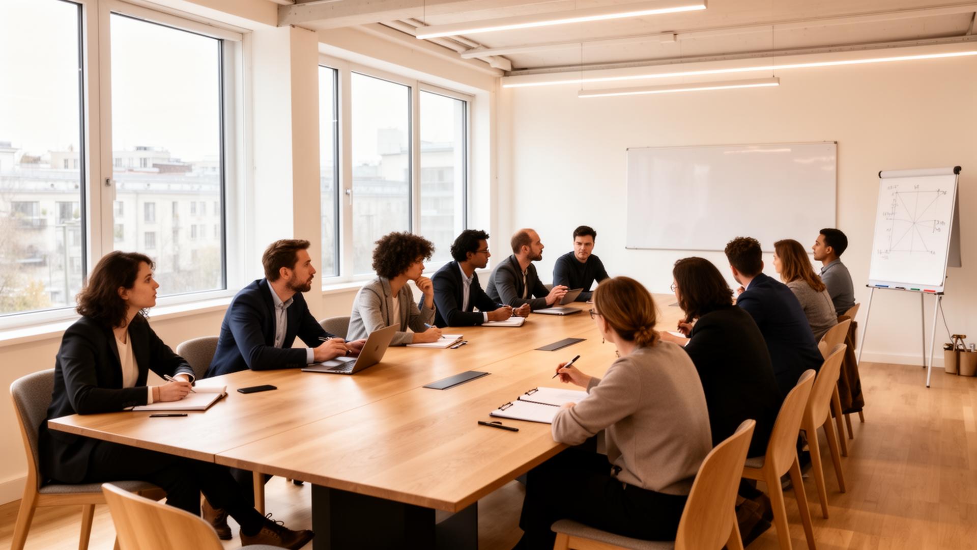 Professionella deltagare i ett seminarium i en ljus skandinavisk konferenslokal